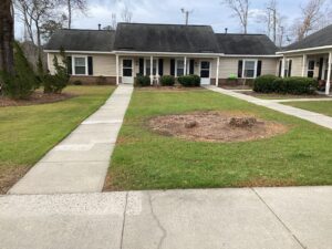 A one story apartment building with grass and a sidewalk