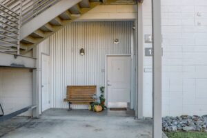 Bench and potted plant