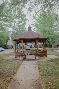 A wooden gazebo