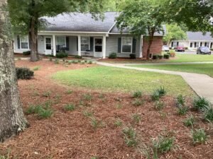 A one story apartment building with white columns and landscaping