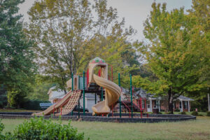 A large playground with green grass