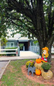 Apartment complex walkway and fall decorations