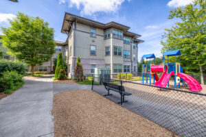 Playground jungle gym and benches