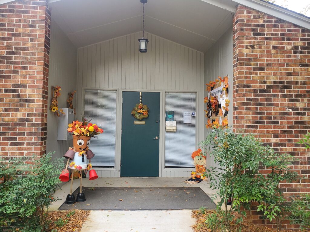 Front door decorated for Fall
