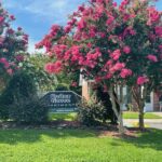 Apartment complex sign and flowering trees