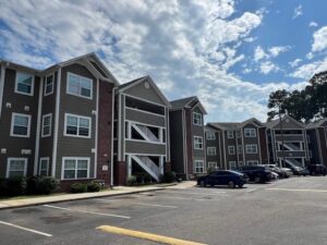 A three story apartment building