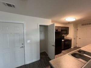 A kitchen with a pantry closet open