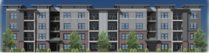 Rendering of four story apartment building