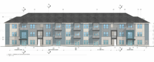 A rendering of a three story apartment building