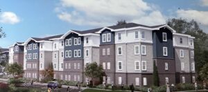 Rendering of a four story apartment building.