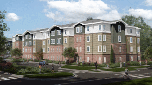 A rendering of a four story apartment building.